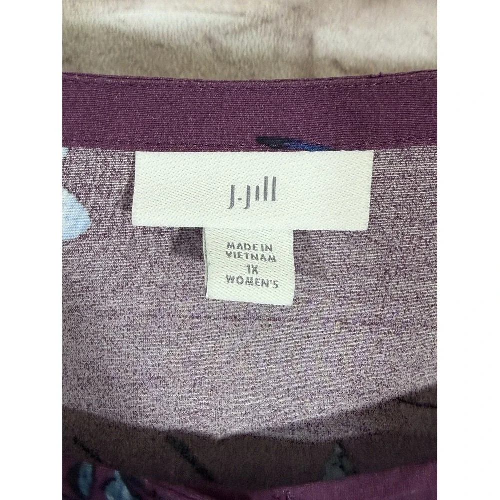 J‎ Jill Blouse Top 1X Purple Floral Rayon Button Up 3/4 Sleeve Back Tie